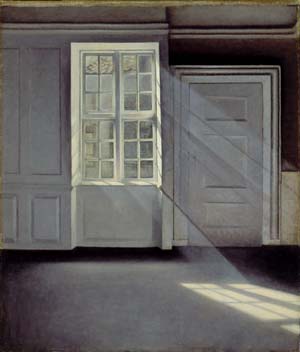 This colour photograph is of Vilhelm Hammershoi's painting "Dust Motes Dancing in the Sunbeam" by Vilhelm Hammershøi , from 1900.